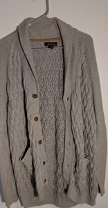 Gray Cardigan with Brown Buttons.